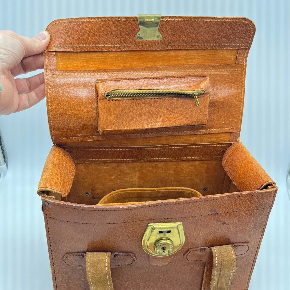 Vintage Camera Bag Brown Leather Train Luggage Small Travel Bag Gold Tone‎ Lock